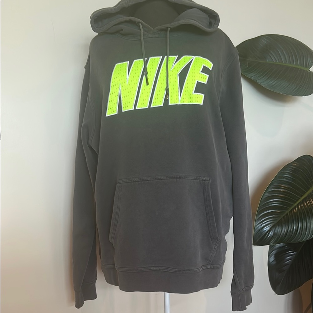 VTG Nike Men's Charcoal Hoodie with Green Logo